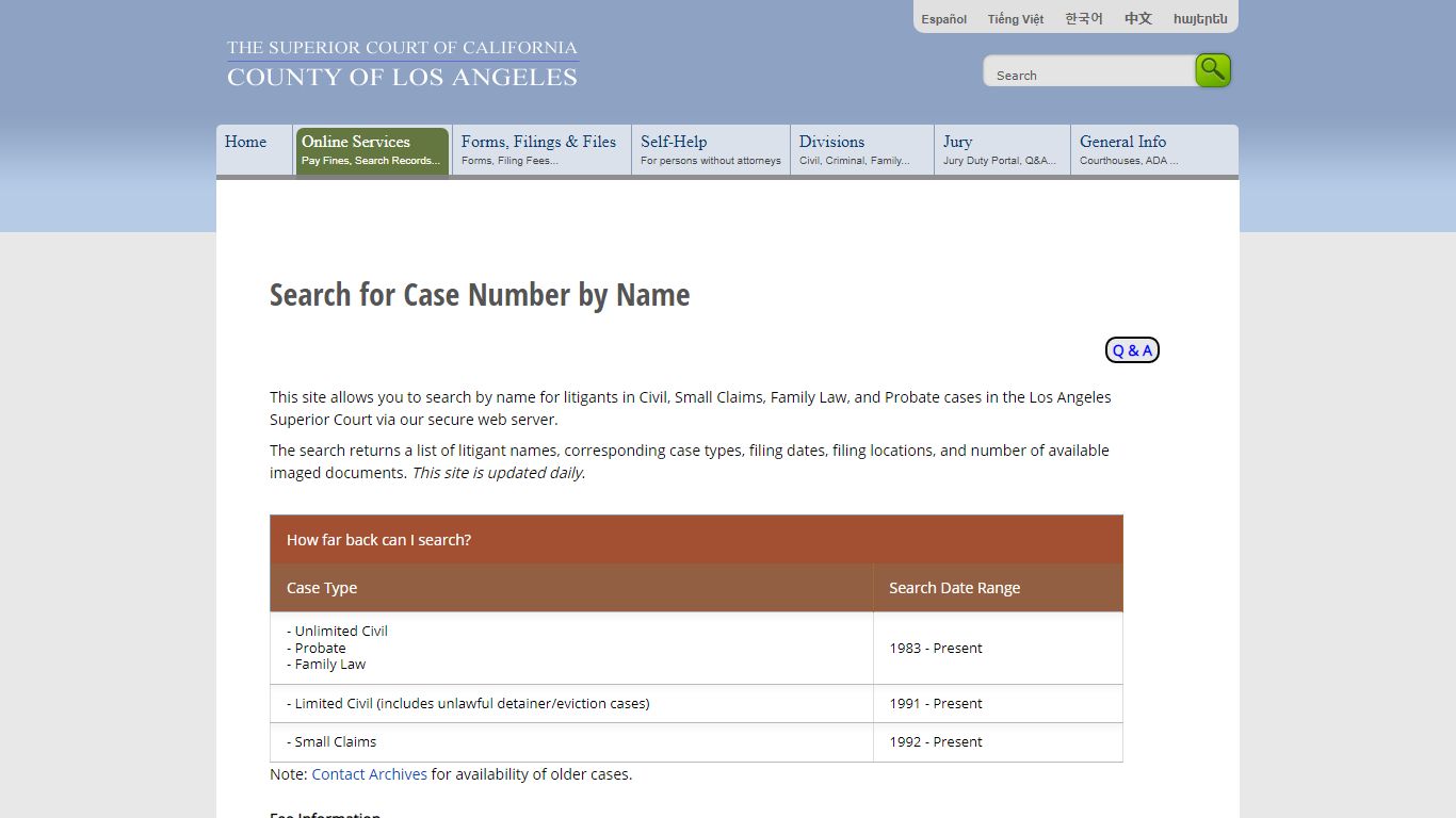 Search for Case Number by Name - Online Services - LA Court